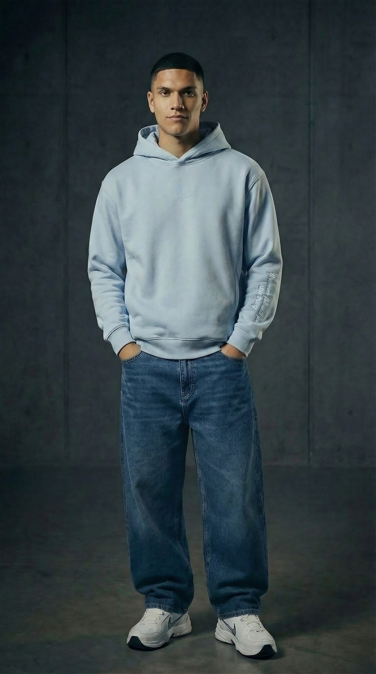 BABY BLUE HOODIE - NEVER STOP TRYING QUOTE