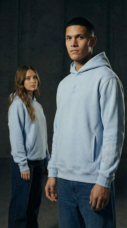 BABY BLUE HOODIE - NEVER STOP TRYING QUOTE