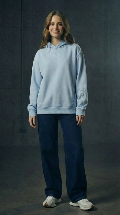 BABY BLUE HOODIE - NEVER STOP TRYING QUOTE